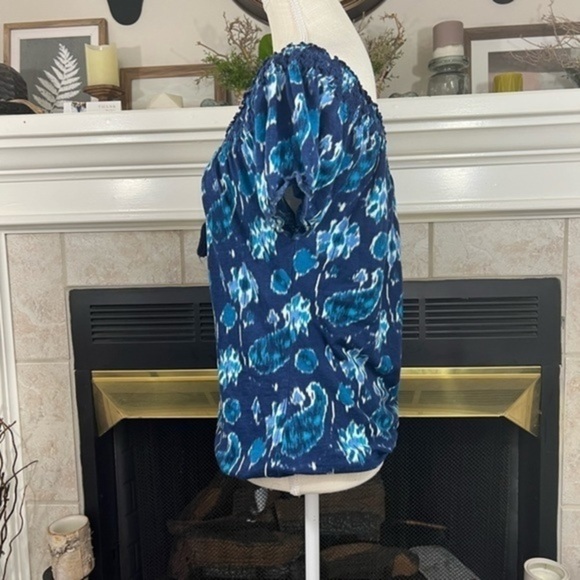 Lucky Brand Blue Top with Elastic Neckline and Tassel Ties - Picture 3 of 11